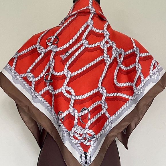 New Gucci Silk Scarf Orange Ropes Print Beige Border Silk Wrap Scarf - Picture 5 of 14